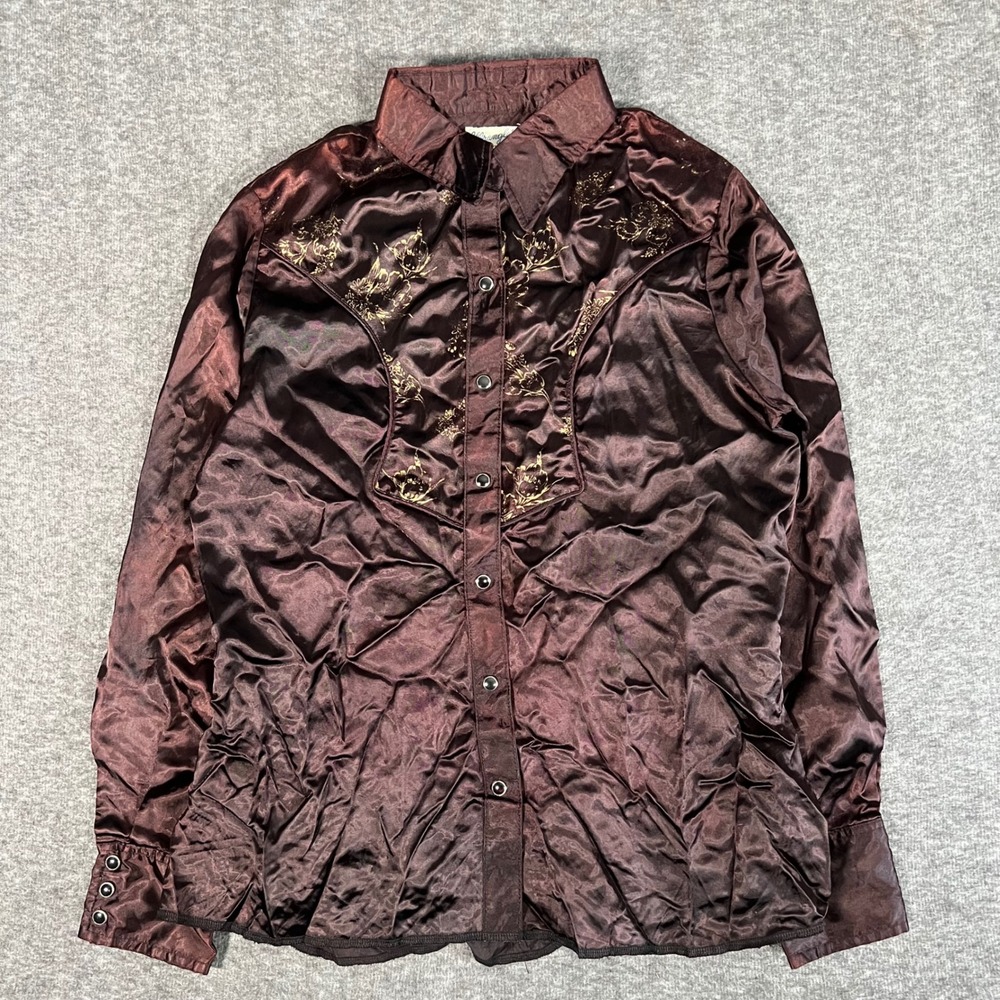Vintage 70s Wrangler Pearl Snap Western Shirt Acetate Gold Embroidery Sz 40